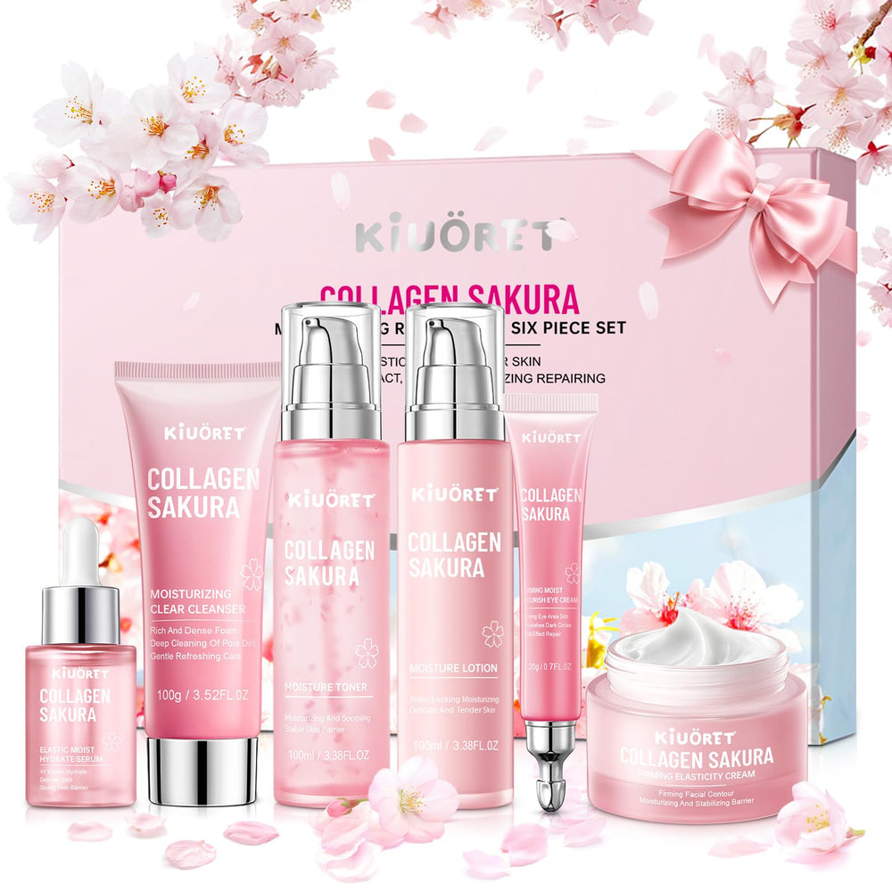 KIUORET Sakura 6pc set packaging showcases premium skincare kit for daily routines.