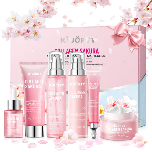 KIUORET Sakura 6pc set packaging showcases premium skincare kit for daily routines.