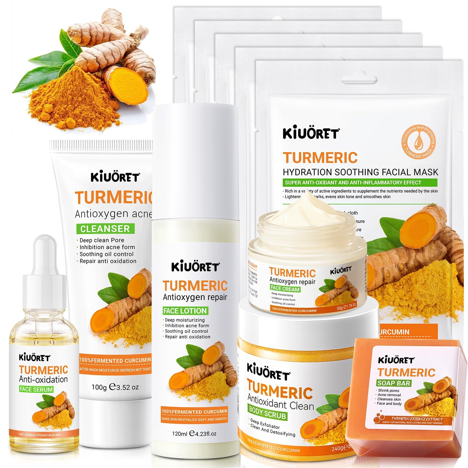 KIUORET turmeric skincare set cover showing all-in-one routine for daily hydration