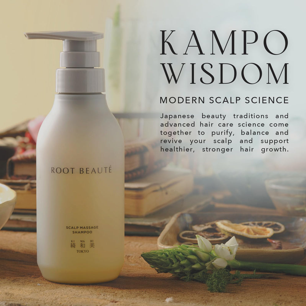 KIWABI Root Beaute ingredients close-up showing botanical extracts for scalp hydration.