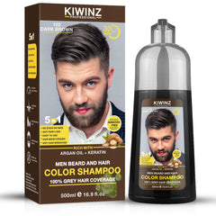 Kiwinz Professional Dark Brown Hair Color Shampoo bottle pours for quick color application.