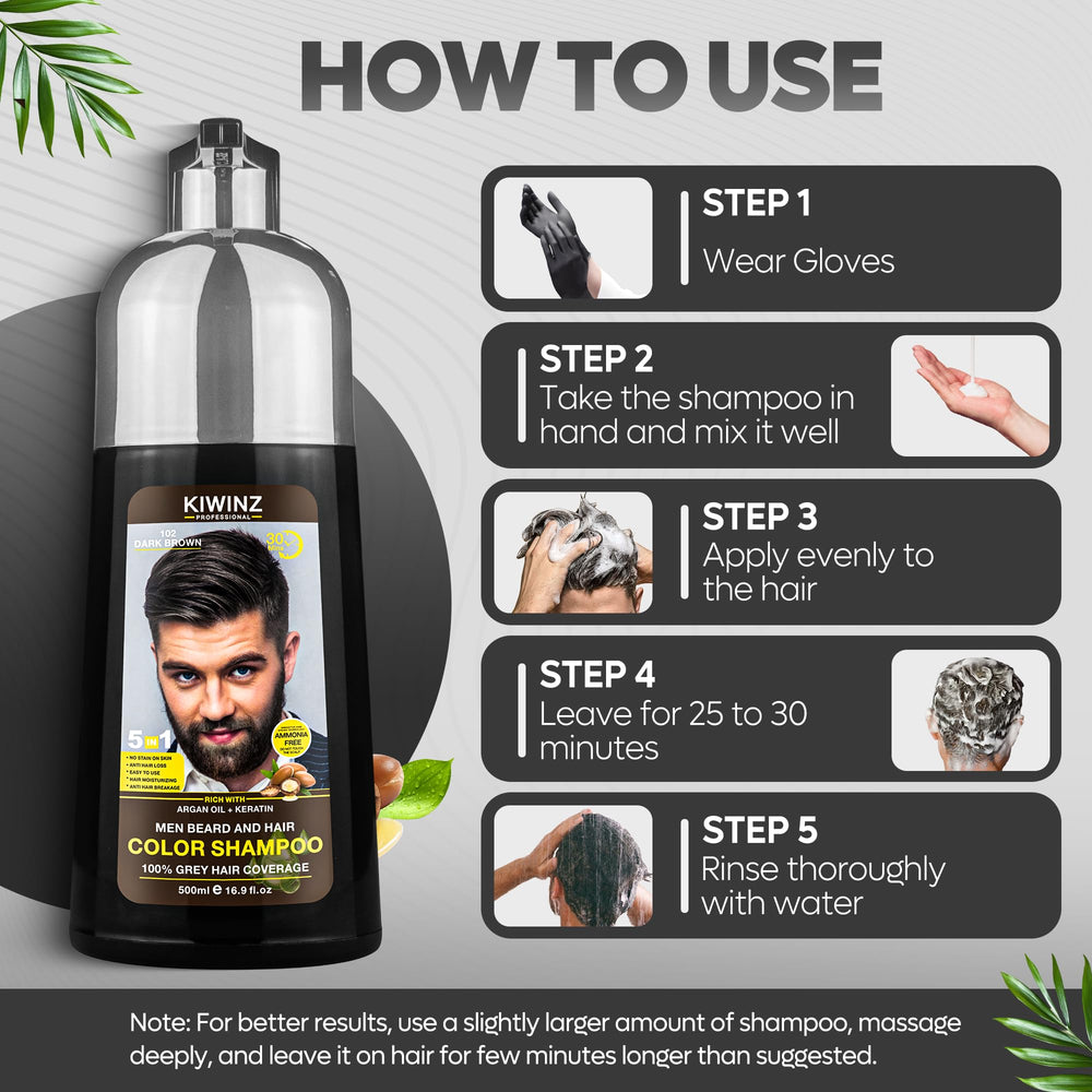 Kiwinz Professional Dark Brown Hair Color Shampoo avoids skin staining during coloring.