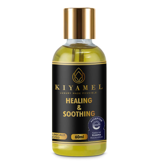 KIYAMEL Healing soothing oil bottle showcases natural ingredients for moisturized skin.