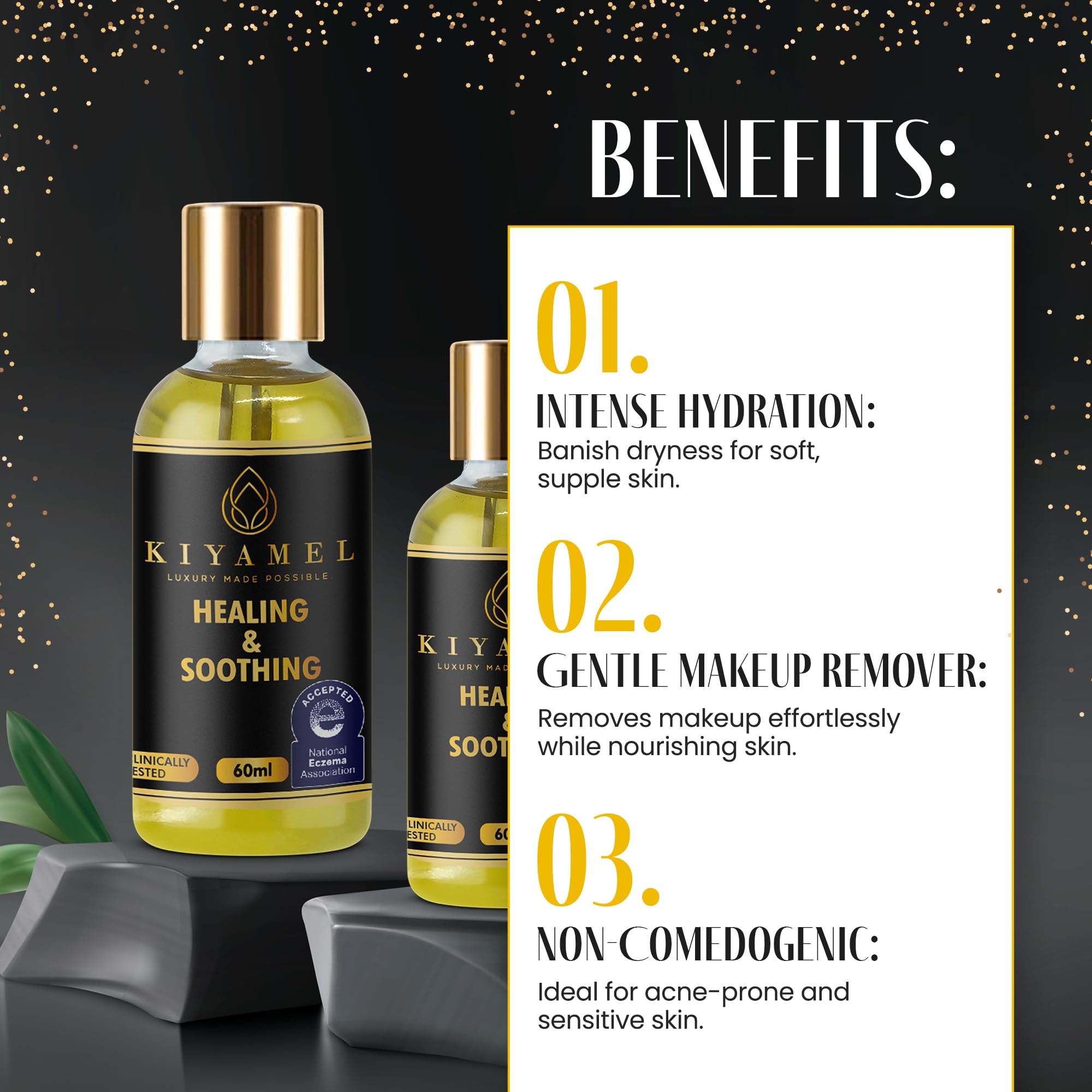 KIYAMEL restorative body oil texture swirl highlights quick absorption.