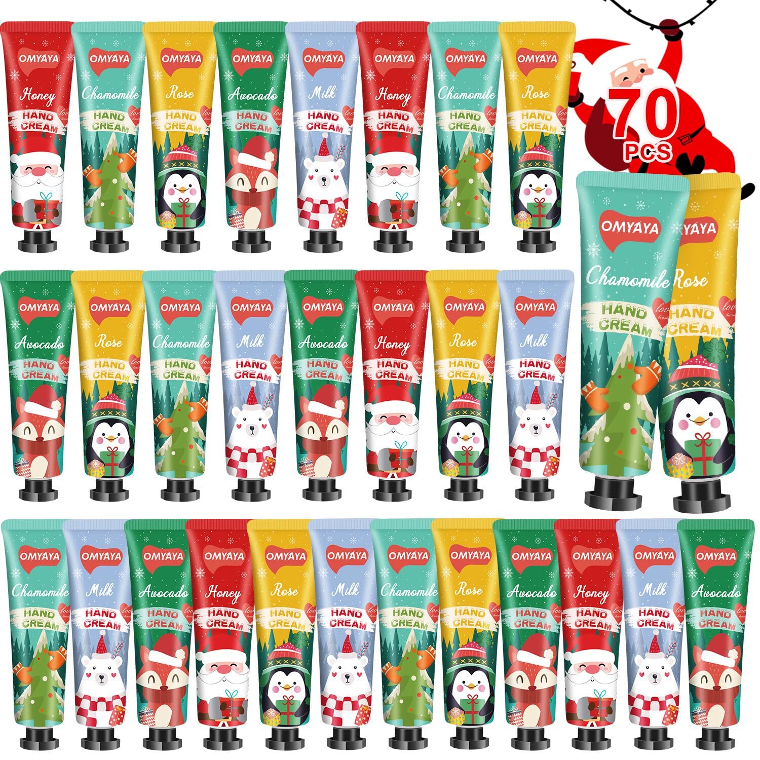 KIYTARBOO 70-pack Christmas hand cream gift set box exterior, ideal stocking stuffers that soften dry hands.