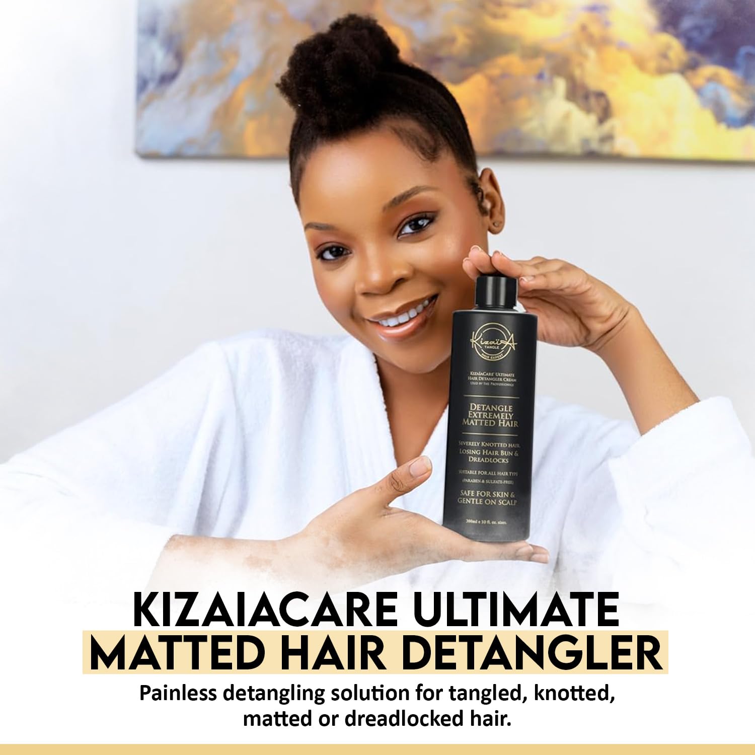 KizaiaCare Ultimate Matted Hair Detangler application illustration demonstrating detangling steps