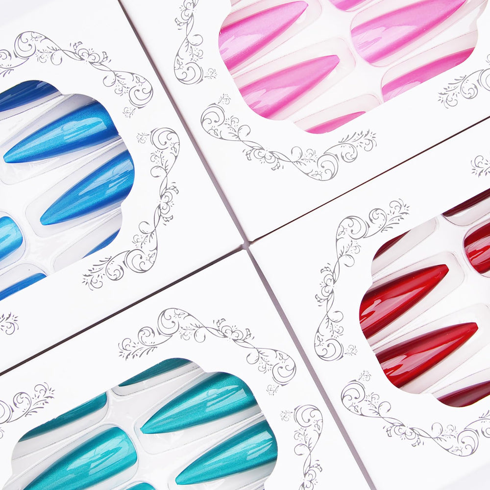 KKUUOO cat-eye long lake-blue nails with glitter for cool salon style.