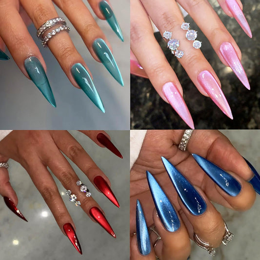 KKUUOO cat-eye long nails in pink glitter add chic sparkle.