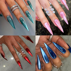 KKUUOO cat-eye long nails in pink glitter add chic sparkle.