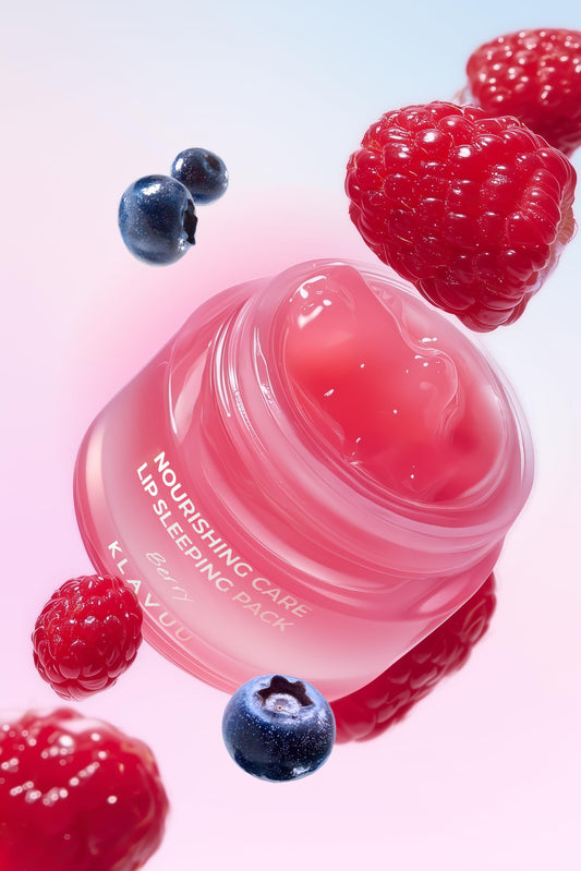 KLAVUU Berry Lip Mask jar with applicator for gentle exfoliation at night