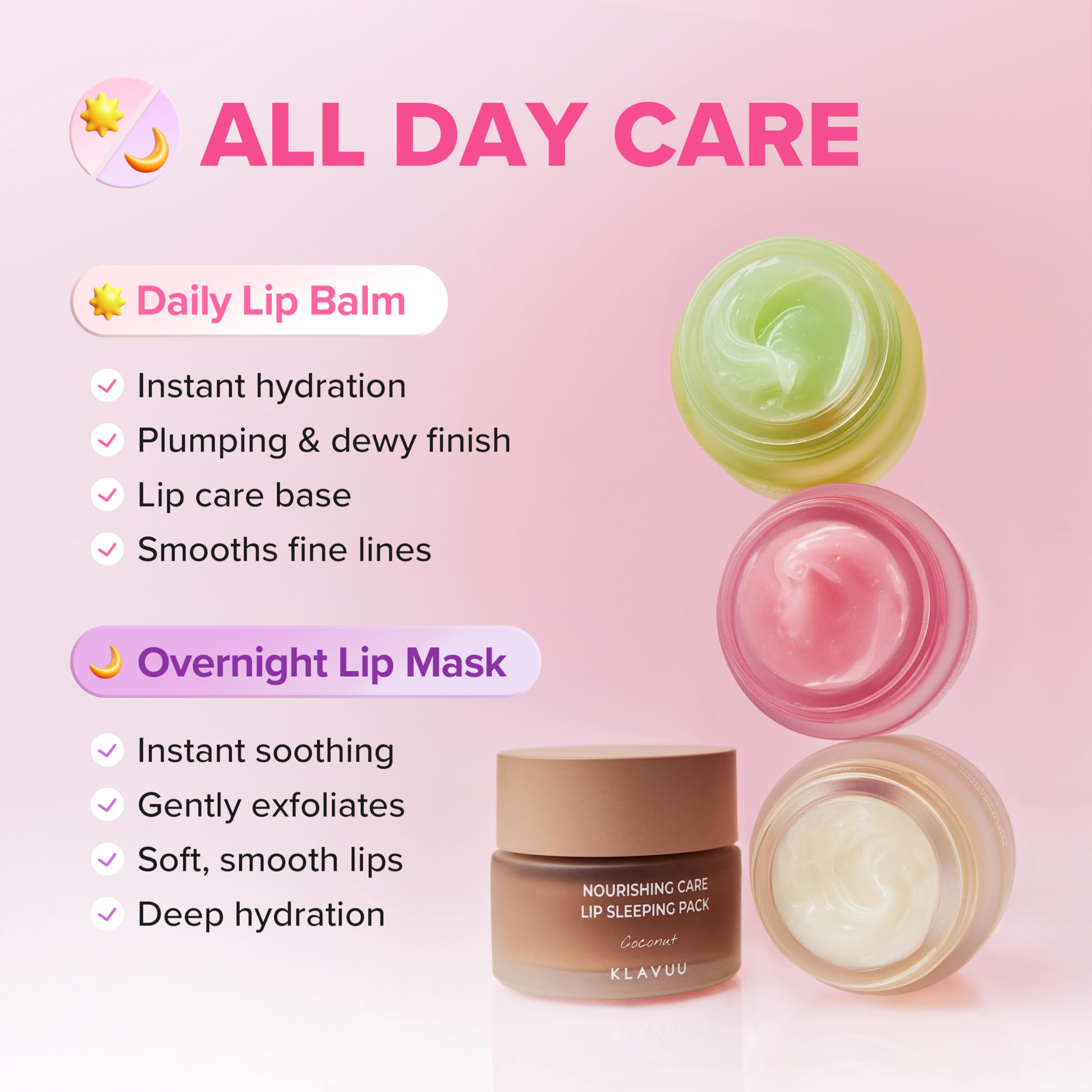Lips with a natural glossy finish after KLAVUU lip mask