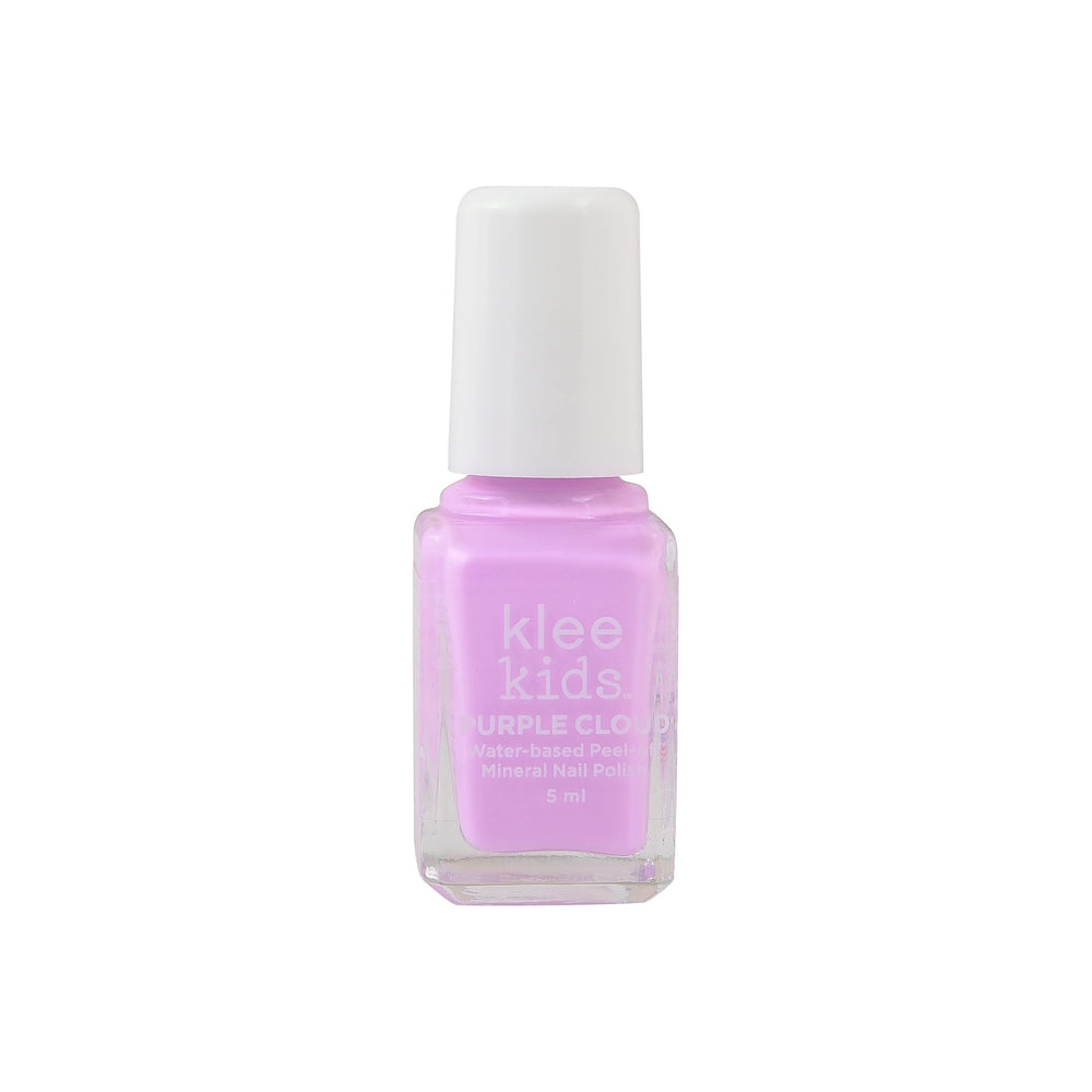 Klee Naturals Purple Cloud nail polish shows water-based, peelable formula for easy cleanup.