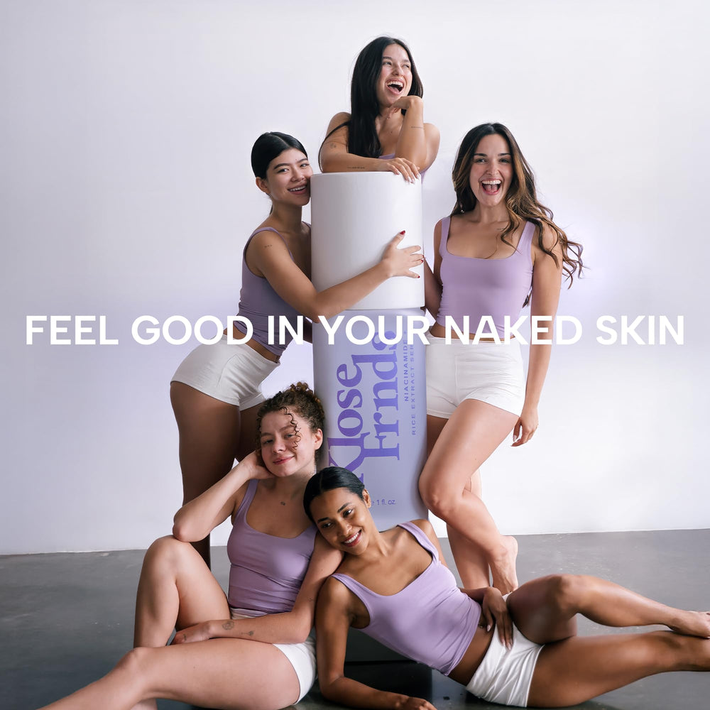 KLOSE FRNDS Niacinamide & Rice Serum ingredient map highlighting niacinamide, rice extract, and hyaluronic acid for healthy-looking skin.