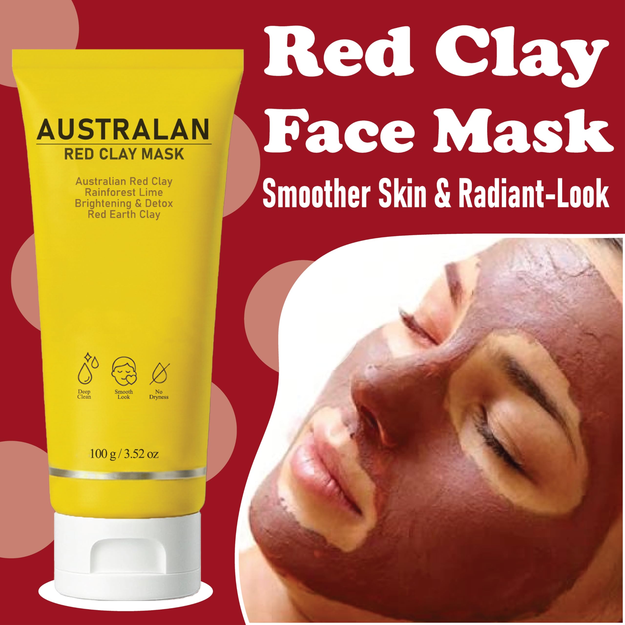 Klyr Australian Red Clay Face Mask tube front close-up for convenient weekly treatment.