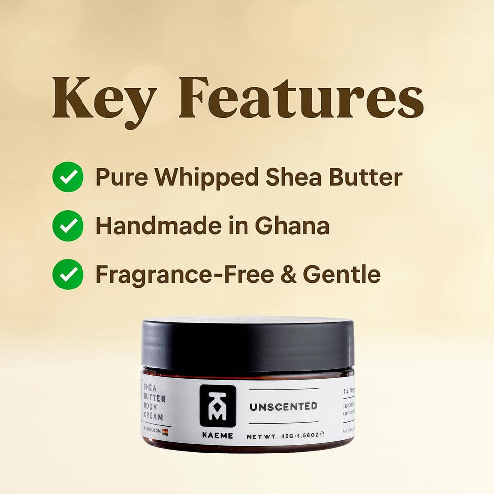 KM KAEME Shea Butter packaging label highlights fragrance-free formula for sensitive skin.