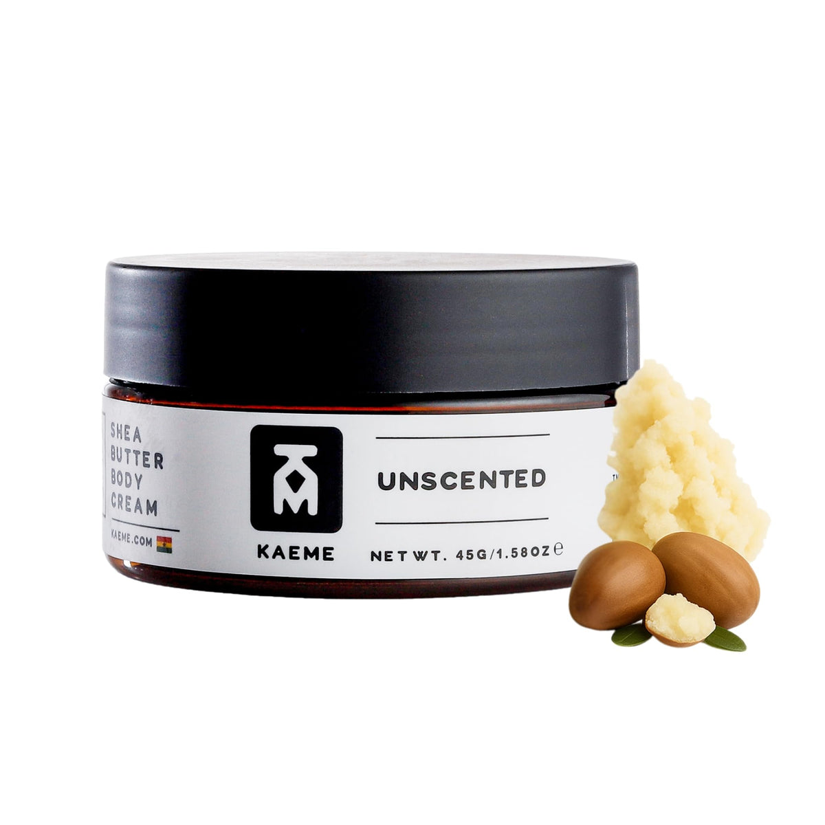 KM KAEME Unscented Shea Butter jar showing pure, unrefined hydration for skin and hair.
