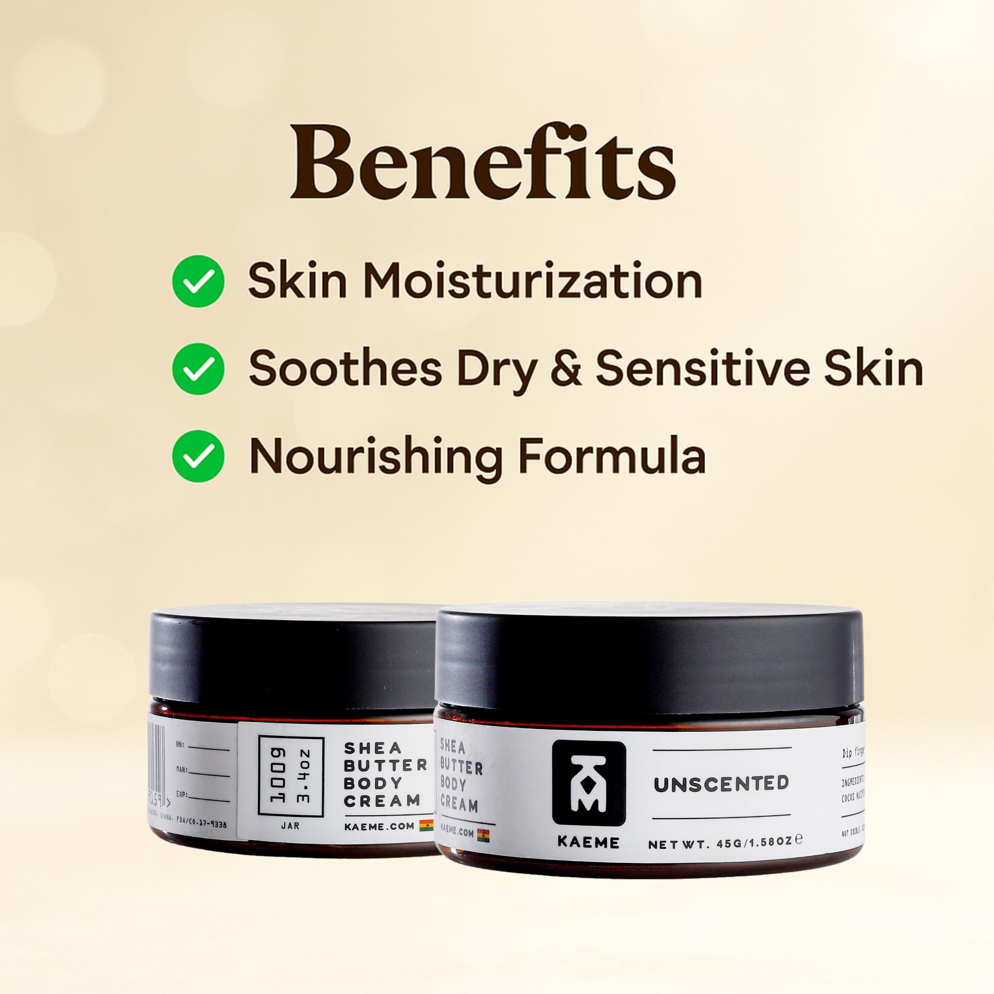 KM KAEME Unscented butter gliding onto skin demonstrates deep moisturization without fragrance.