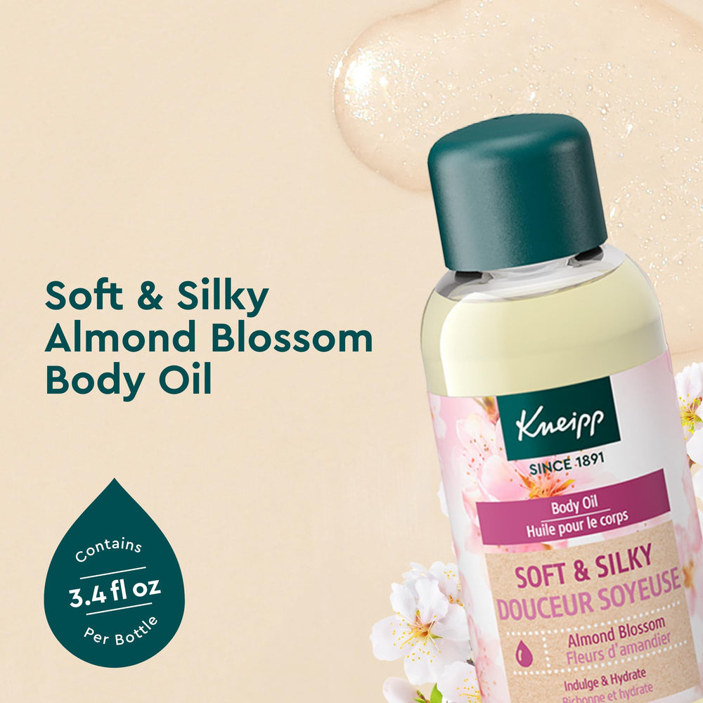Kneipp Almond Blossom Oil close-up highlights nourishing argan and sunflower oils.
