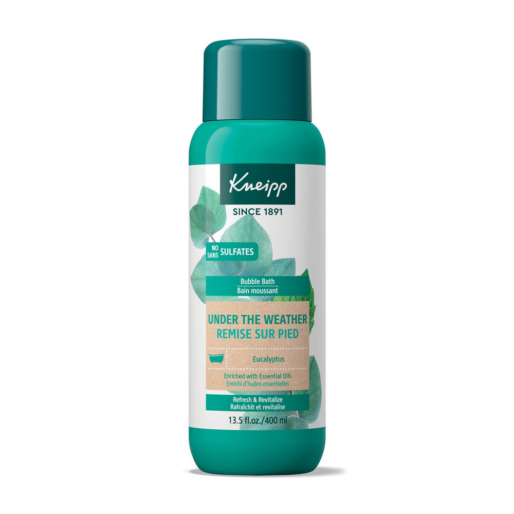 Kneipp Under The Weather eucalyptus bubble bath bottle shows a refreshing scent for relaxation.