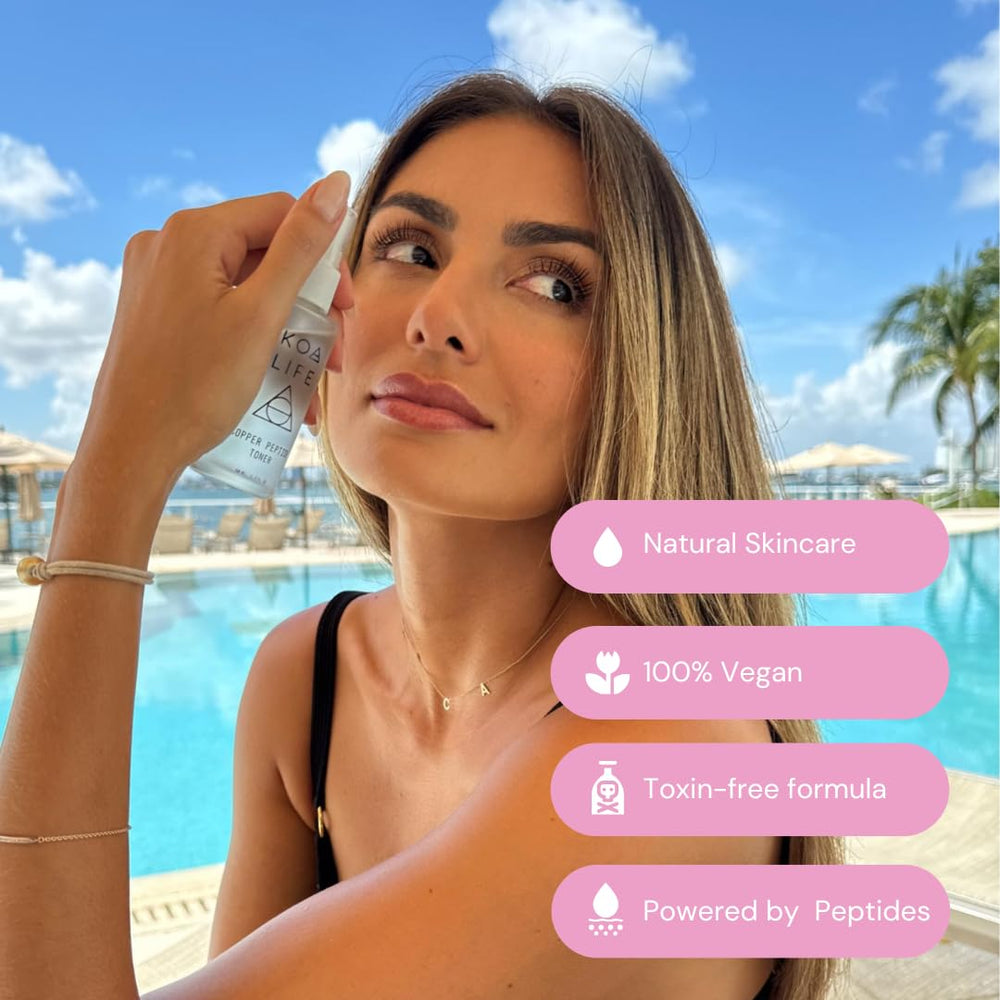 KOA LIFE Copper Peptide Toner bottle label close-up shows premium skincare.