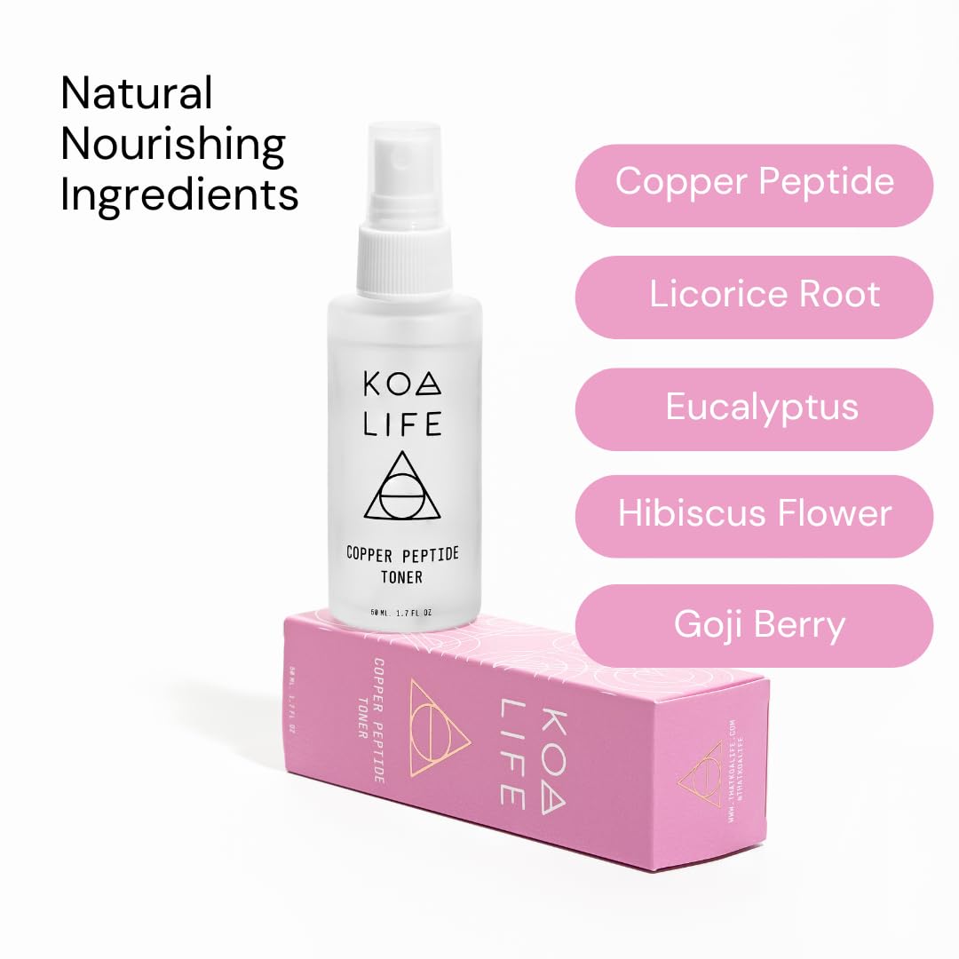 KOA LIFE Copper Peptide Toner ingredients panel highlights plant-based formula and vitamins.