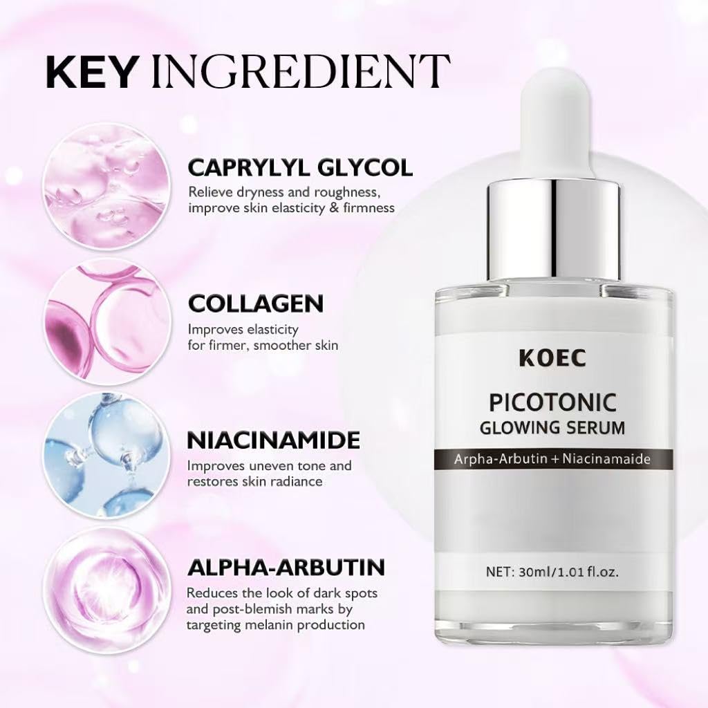 KOEC Picotonic Glowing Ampoule in-use shot suggests even skin tone.