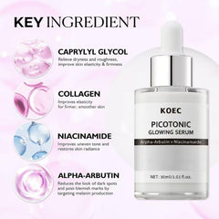 KOEC Picotonic Glowing Ampoule in-use shot suggests even skin tone.