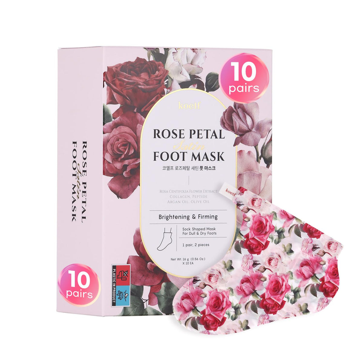 Koelf Rose Petal Satin Foot Mask packaging shows elegant rose tones for premium at-home care