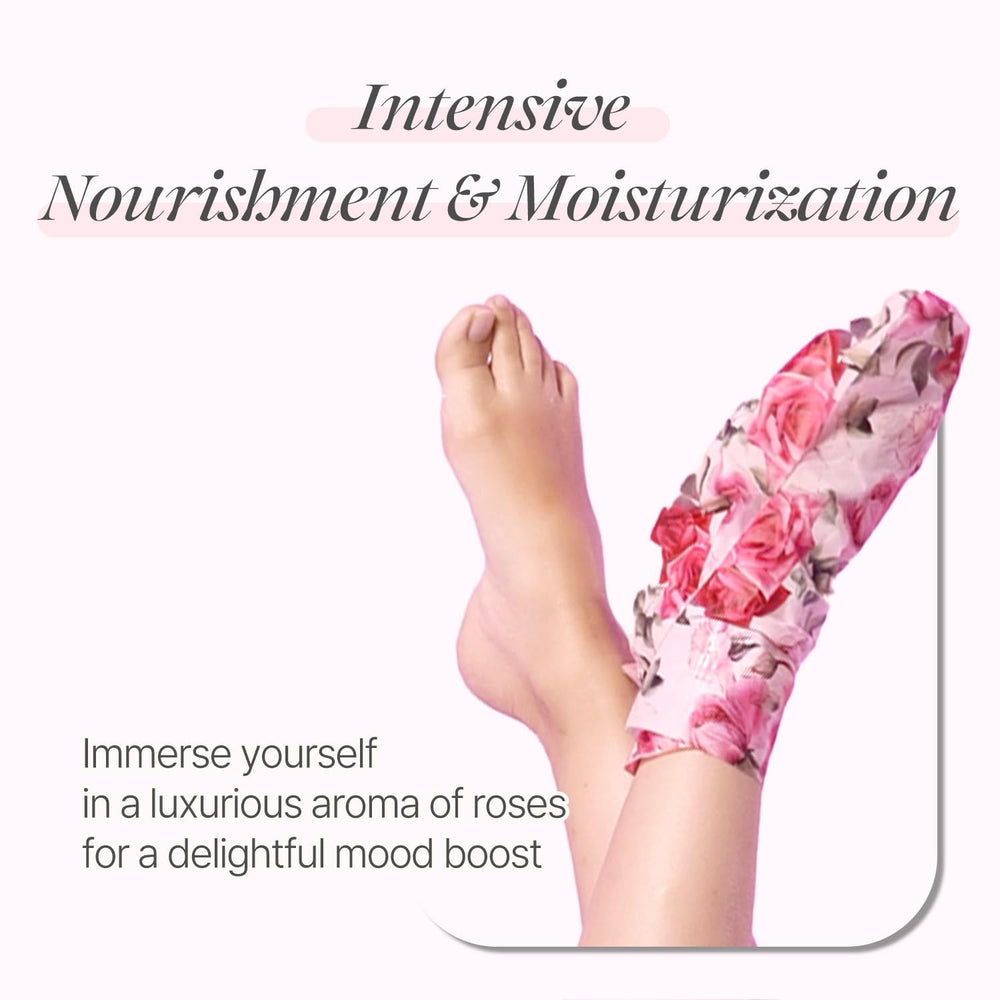 Koelf Rose Petal Satin Foot Mask worn on feet for spa-like home care