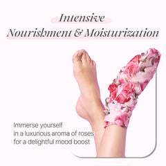 Koelf Rose Petal Satin Foot Mask worn on feet for spa-like home care