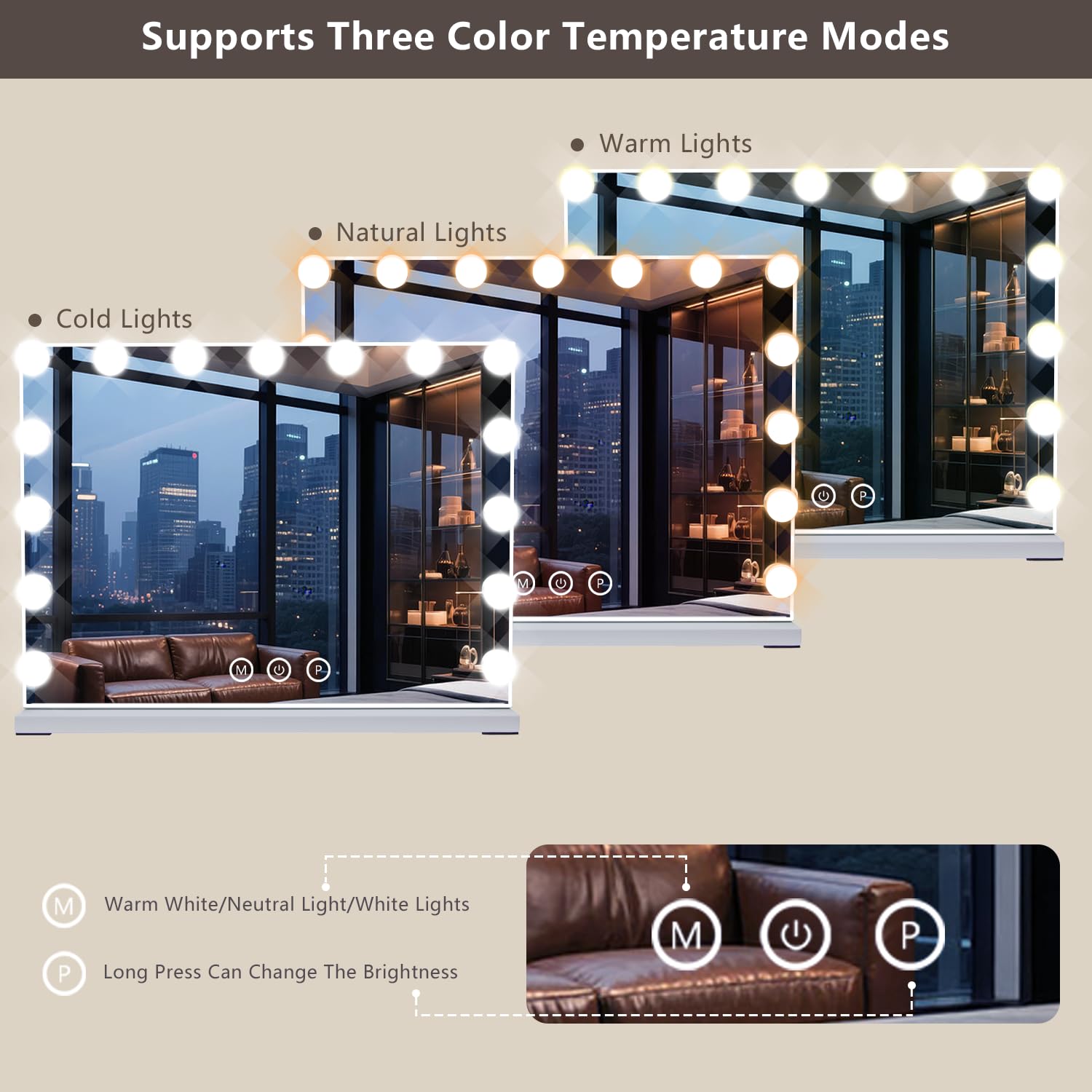 Three color modes on KOHEOPT mirror for daylight, warm, or cool tones