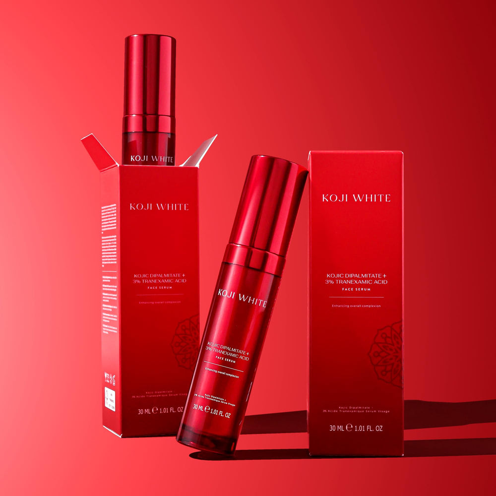 Graphic features kojic acid, tranexamic acid, and niacinamide in Koji White formulation.