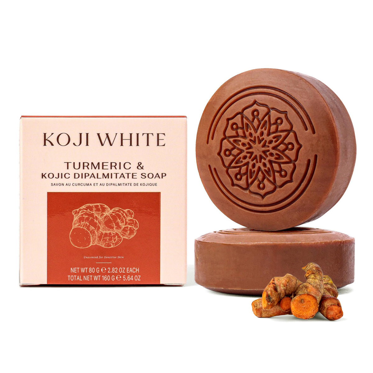 Koji White turmeric soap closeup showing smooth texture for sensitive skin.