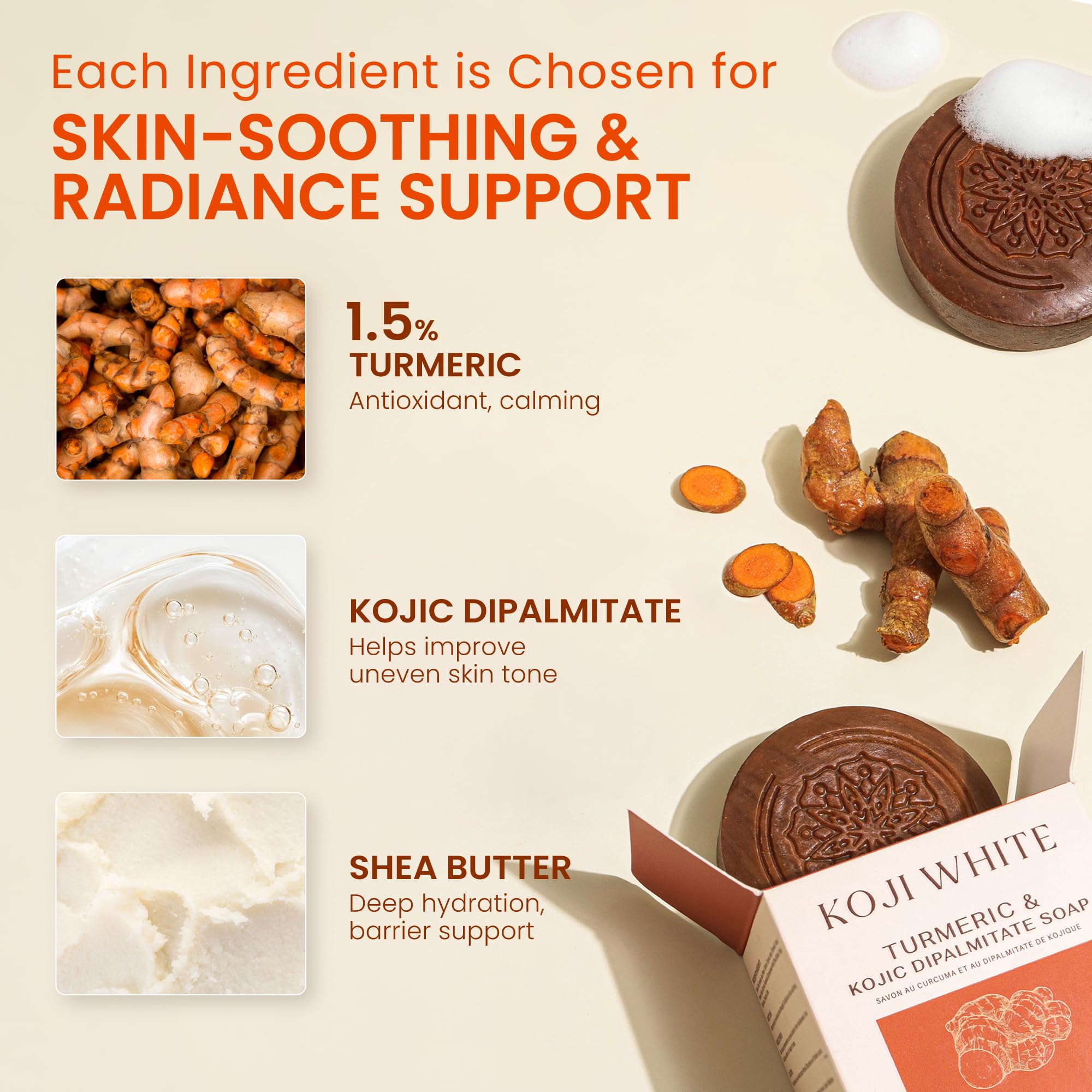 Koji White turmeric soap lather demonstrates deep-cleanse for face.