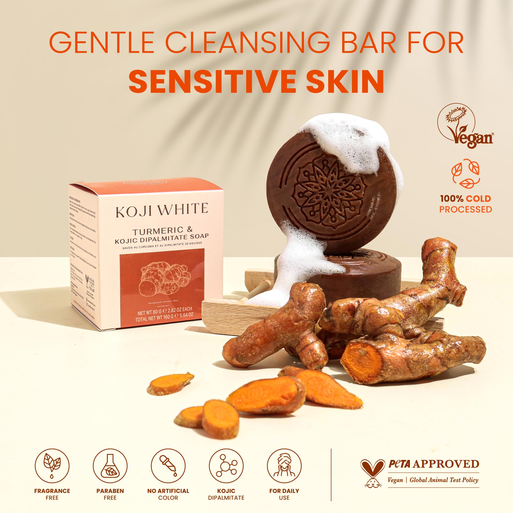 Koji White turmeric soap packaging highlights fragrance-free formula.
