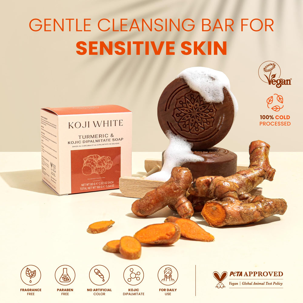 Koji White turmeric soap packaging highlights fragrance-free formula.