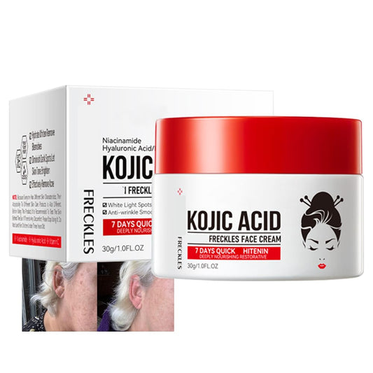 Kojic Acid Cream face spot-treatment close-up showing targeted brightening potential.