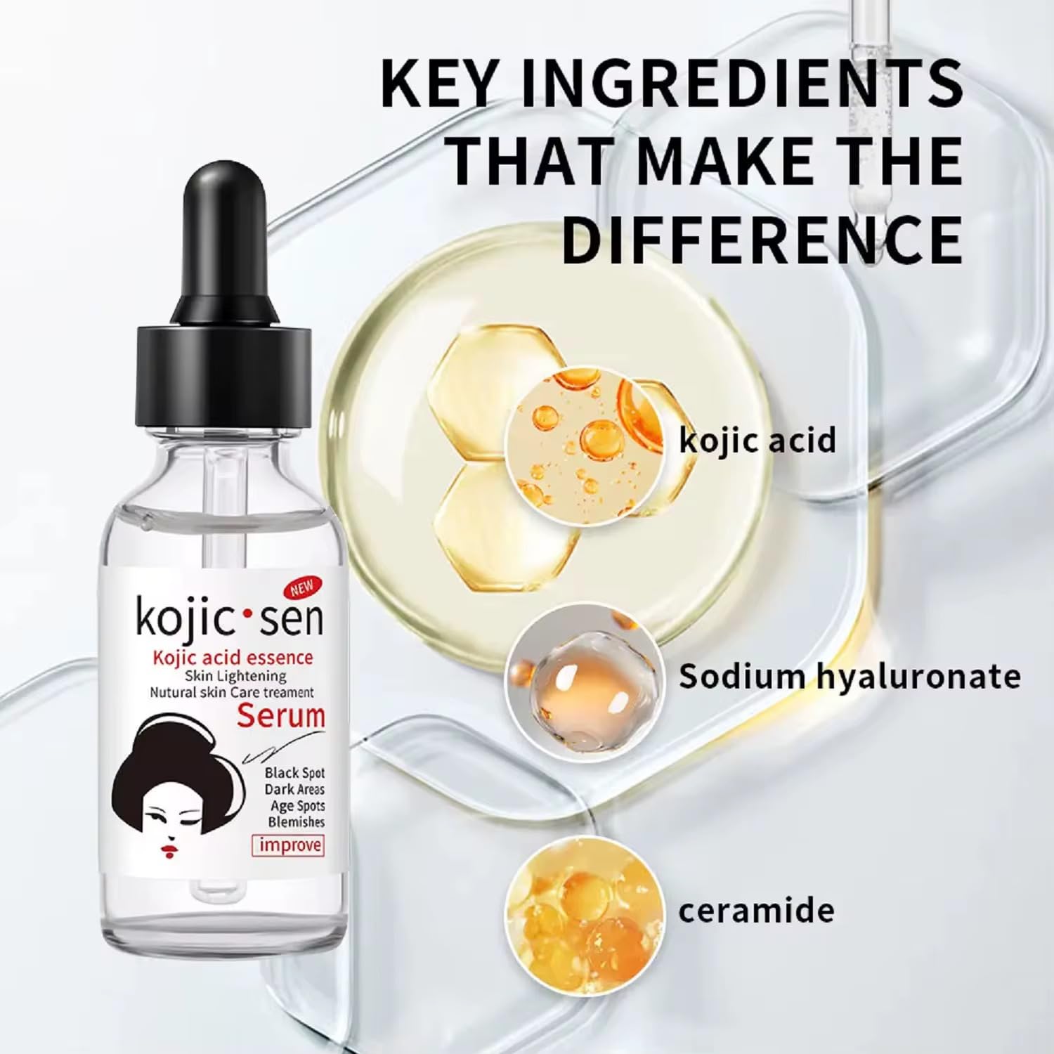 Kojic Acid Essence Serum helps reduce the appearance of dark spots and blemishes.