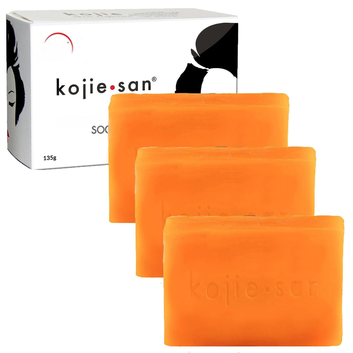 Kojie San Skin Brightening Soap packaging on display highlighting kojic formula for even tone.