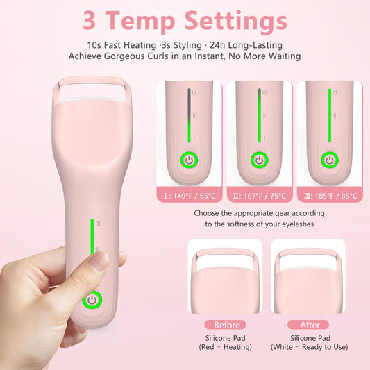 KOKABI eyelash curler with three temperature settings for different lash types.