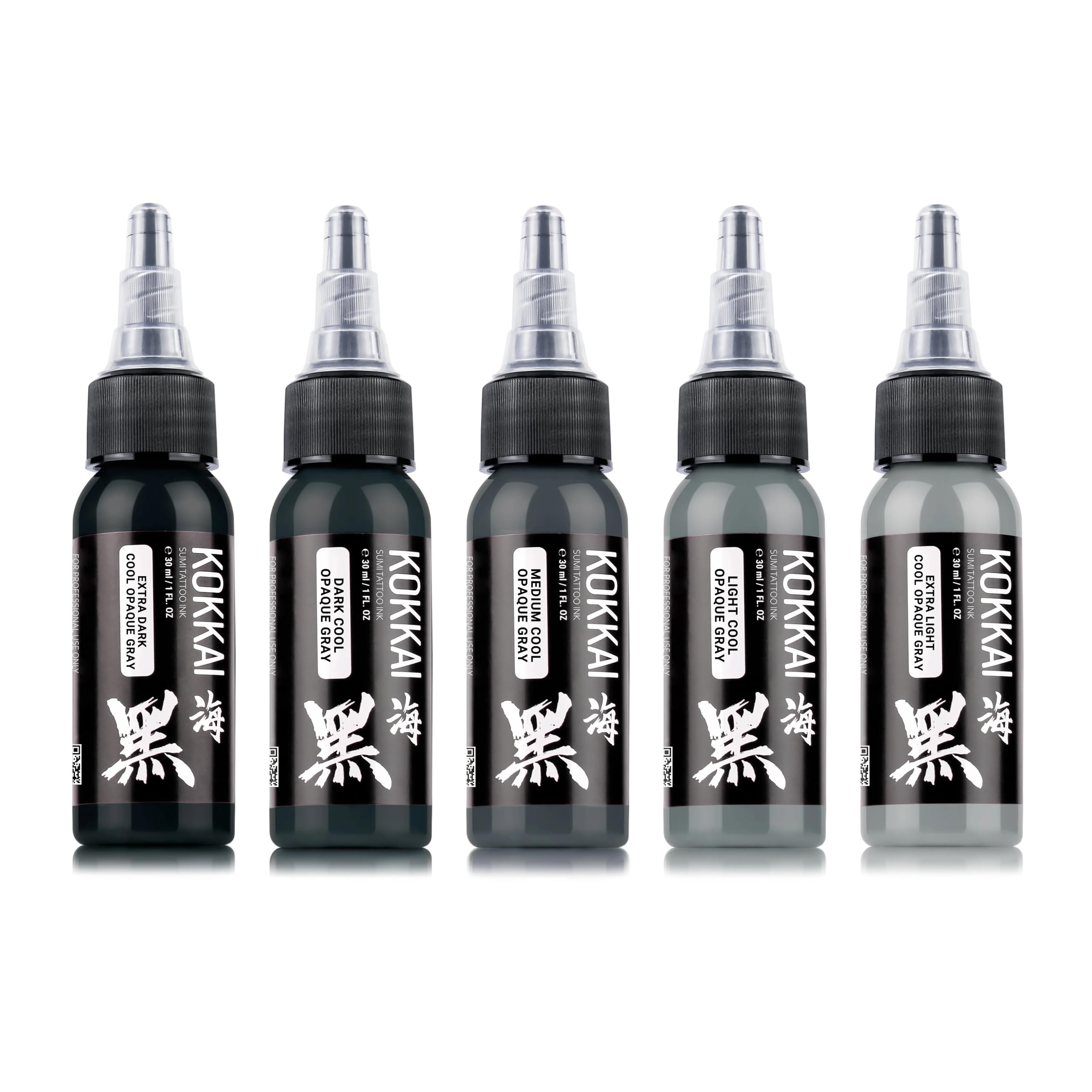 Kokkai Sumi Cool Gray Ink Set packshot—five 1 oz bottles ready for precise grayscale tattoos.