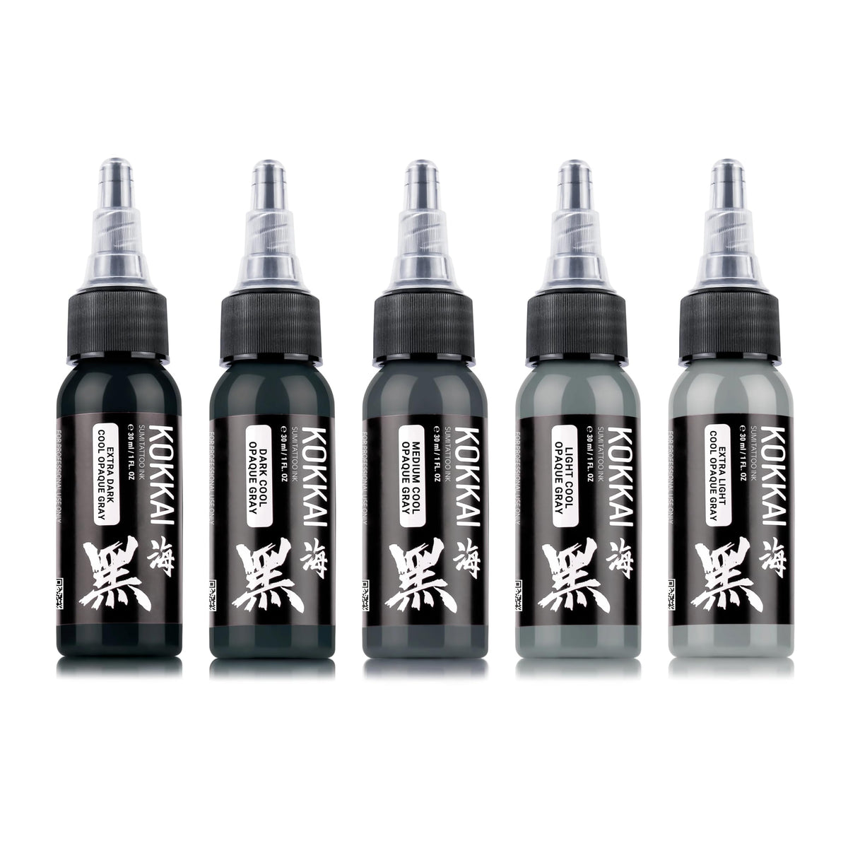 Kokkai Sumi Cool Gray Ink Set packshot—five 1 oz bottles ready for precise grayscale tattoos.