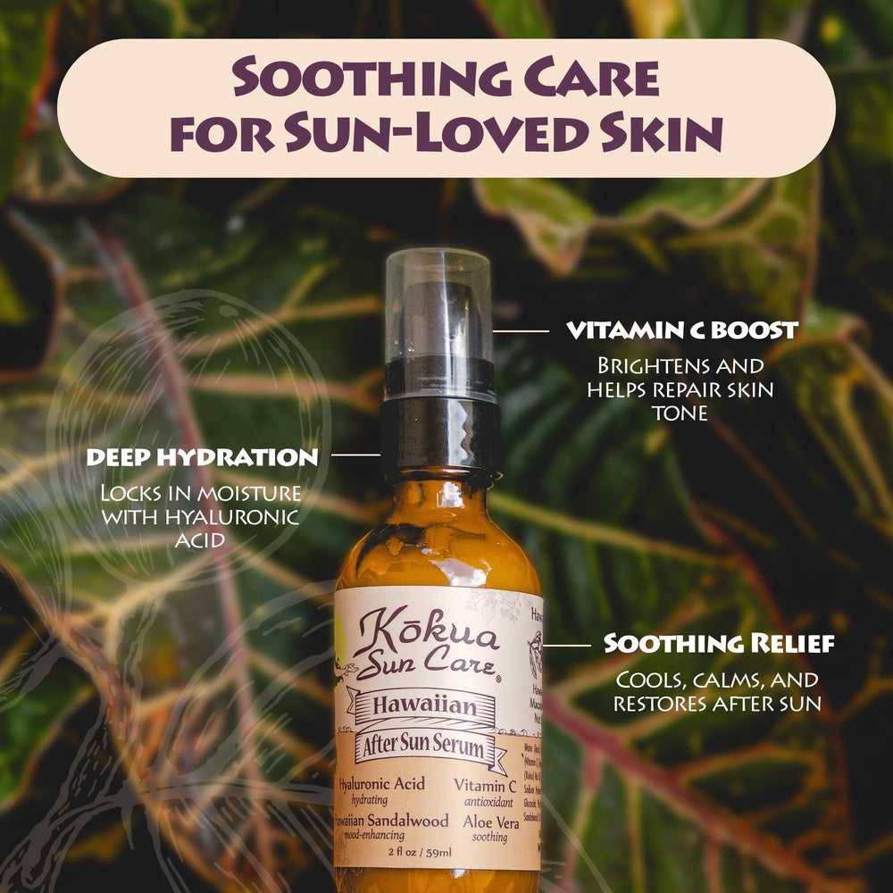 Kokua Sun Care serum label close-up highlights a reef-safe, plant-based formula for sun exposure relief.