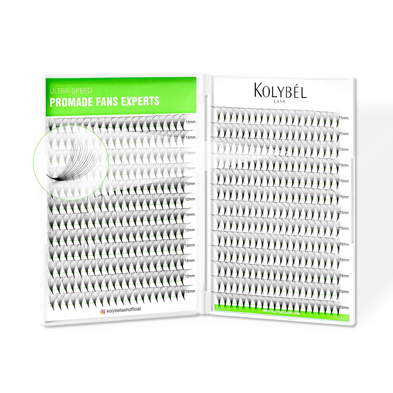 Kolybel premade lash fans packaging for quick selection.