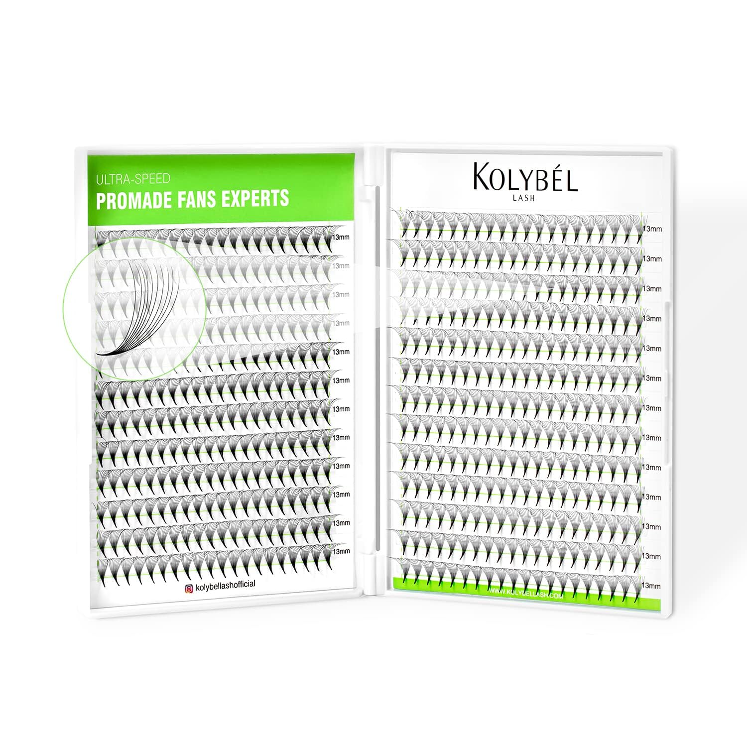 Kolybel premade fans 10D-14mm closeup shows slim base for lightweight volume.