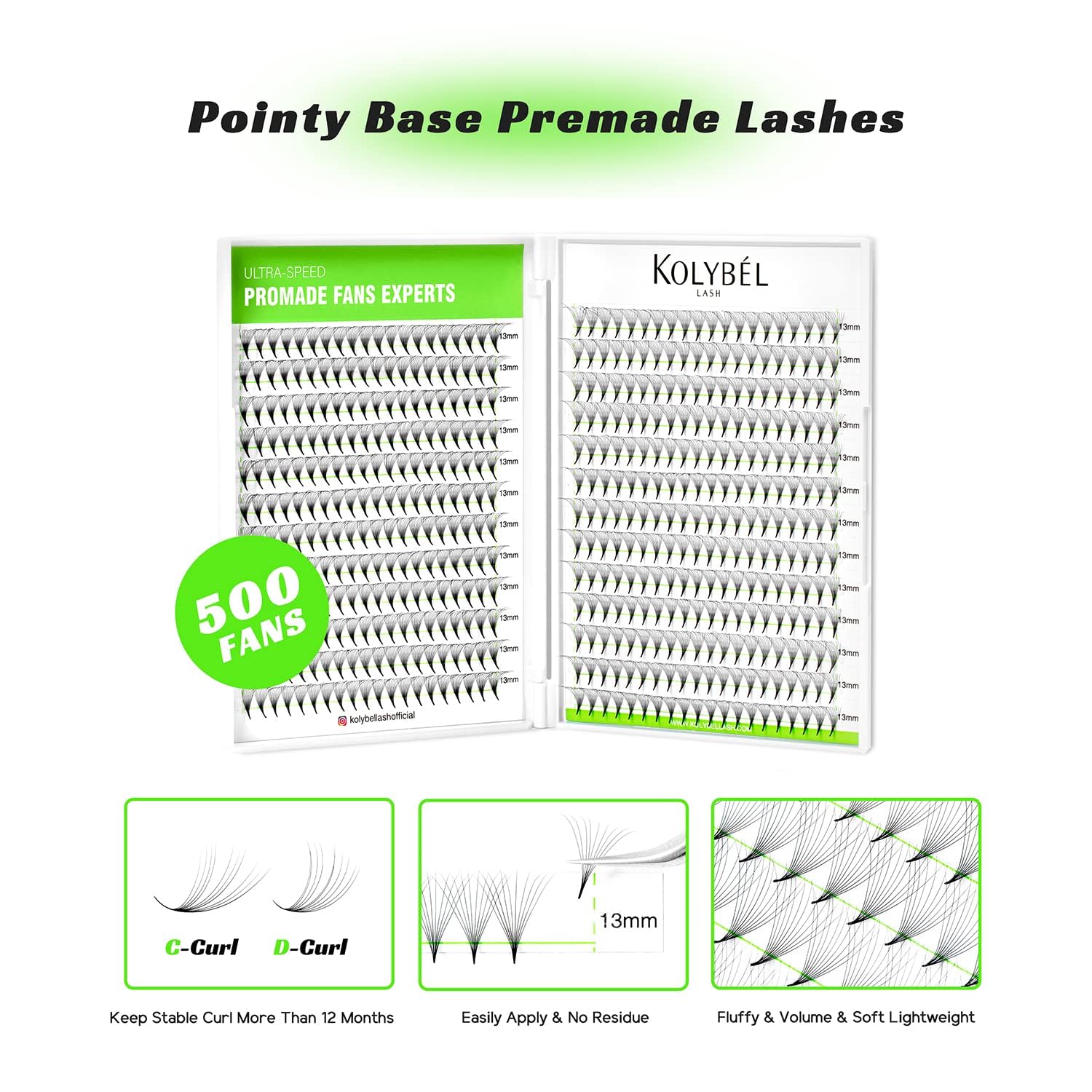 Kolybel premade fans 12D 9mm on-eye demonstrates natural look and quick styling