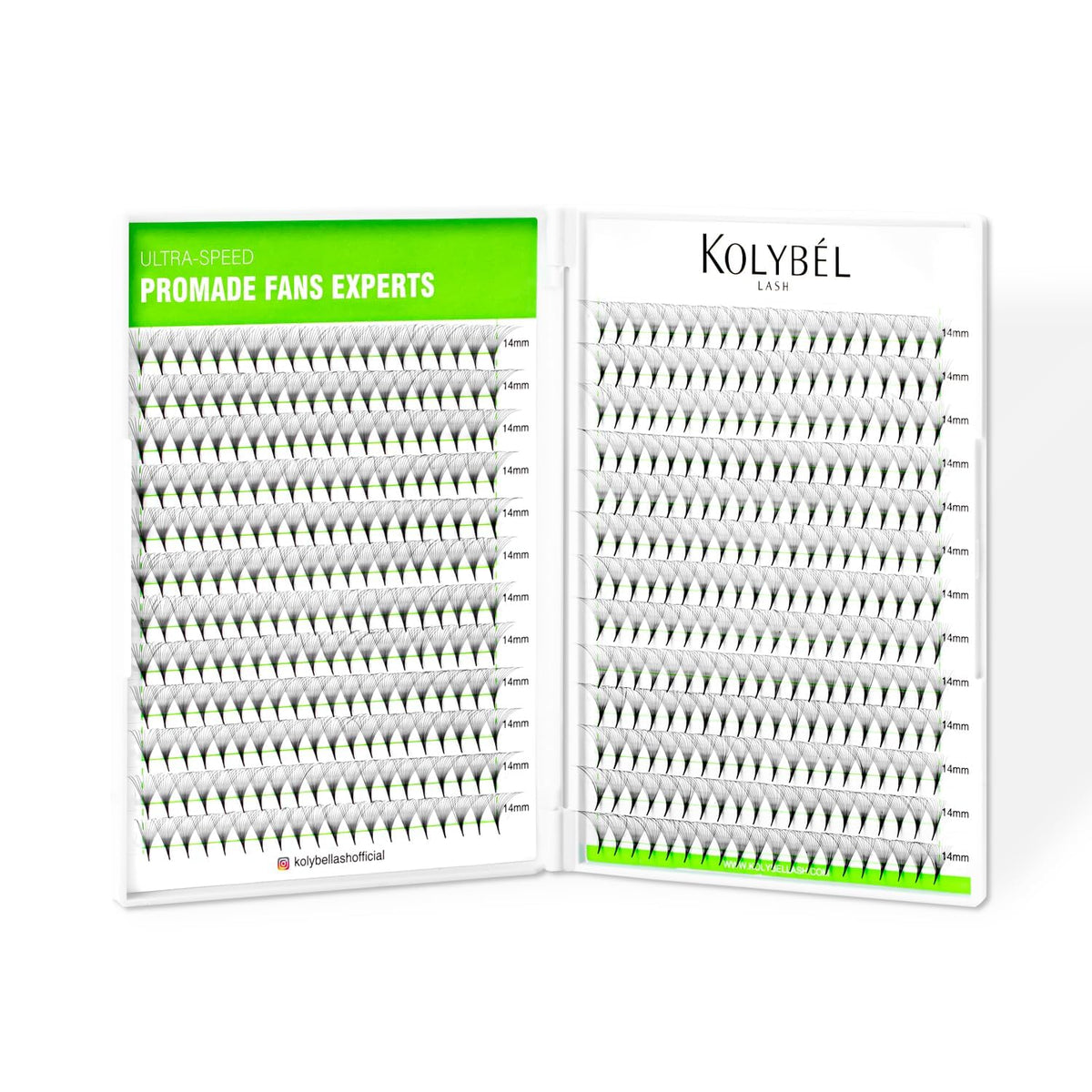 Kolybel premade fans 16D 9mm packaging shows time-saving lash solution.