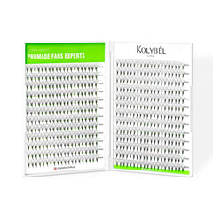 Kolybel premade fans 16D 9mm packaging shows time-saving lash solution.