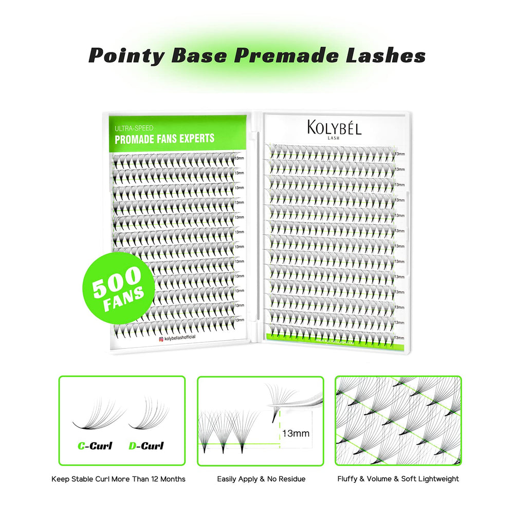 Kolybel premade fans mixed-length tray supports versatile lash design.