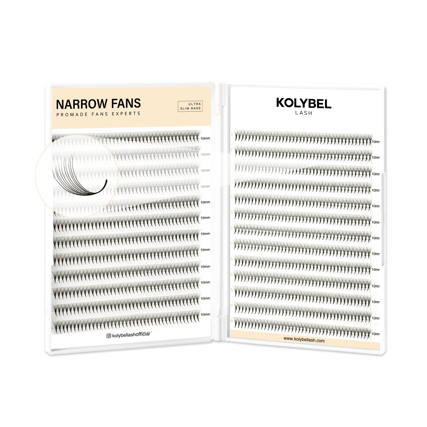 Kolybel premade lash fans 10D-15mm pack, quick application for voluminous lashes.